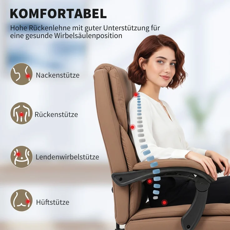 HOMCOM Bürostuhl, Kunstleder, Mehrschichtenplatte, Braun, 67 x 65 x 119 cm – Bild 4