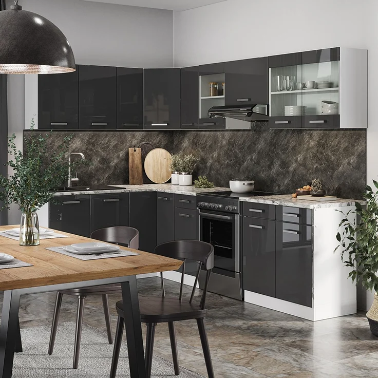 Eckküche R-Line Anthrazit Hochglanz/Weiß 267 x 167 cm, AP Marmor mit LED-Leisten Vicco – Bild 4