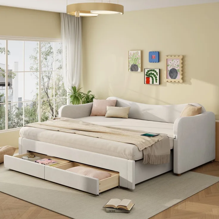 Schlafsofa mit Bettfunktion, Schubladen, Lattenrost, USB und Type-C, 90x200 cm/180x200 cm, Liegefläche erweiterbar, Polsterbett, Samt