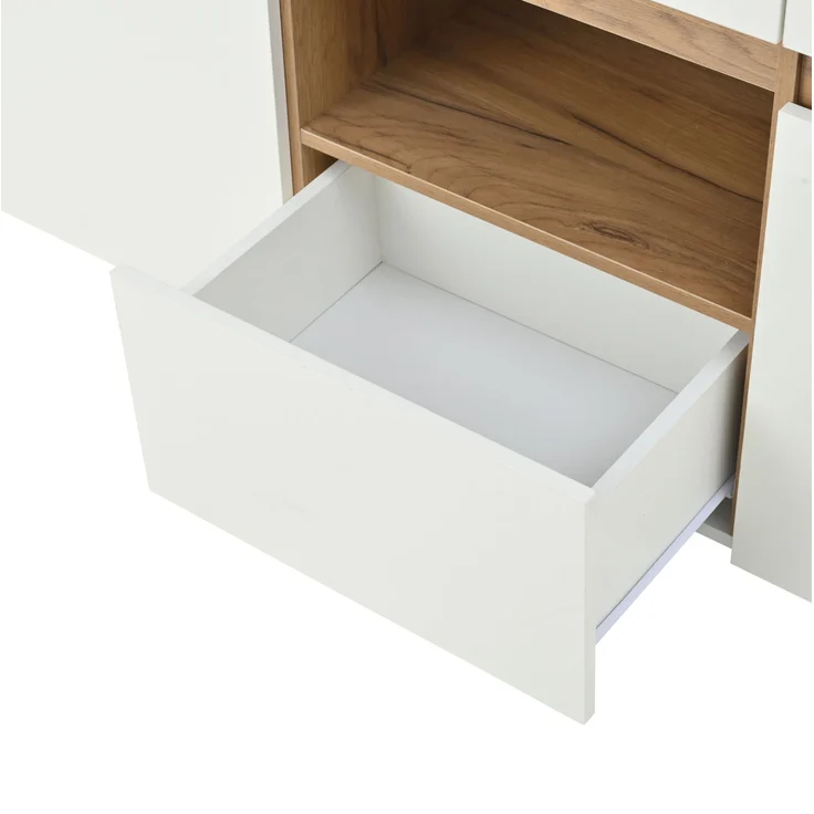 DESVIAE Sideboard mit LED-Beleuchtung und 4 Schubladen 140x70x40 cm Spanplatte Weiß/Naturholz – Bild 9