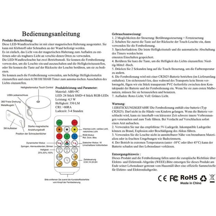 TUWENA LED Wandstrahler LED Wandleuchte Innen, 360°Drehbare Touch-Steuerung Wandlampe mit, 3 Dimmbar, 3 Farbtemperaturen, 16 RGB Farben, Touch und Fernbedienung – Bild 4