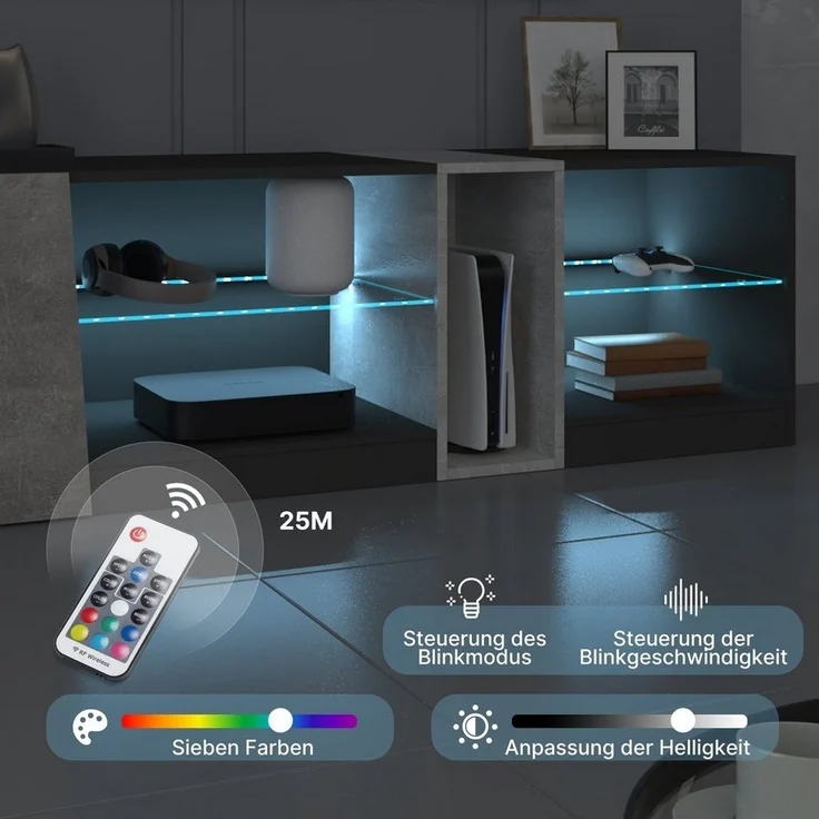 Mondeer Lowboard LED TV-Schrank, Breite 140cm mit 5 offenen Fächern und 1 Tür, Schwarz und Grau – Bild 2