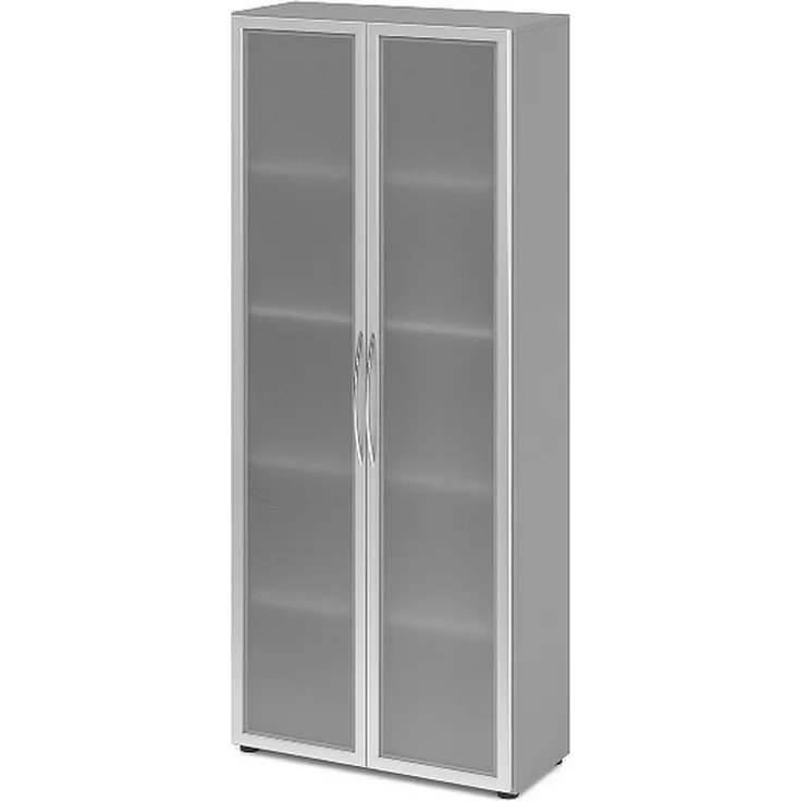Hammerbacher Glastürenschrank, 5 Ordnerhöhen, Grau/Silber, Bogengriff, 188 x 34,9 x 80 cm