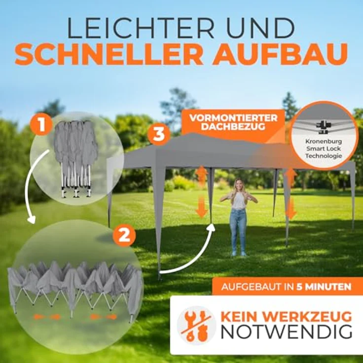 Kronenburg Faltpavillon wasserdicht Pavillon, Gartenzelt, 3x6 m - mit UV Schutz 50+, Grau – Bild 5