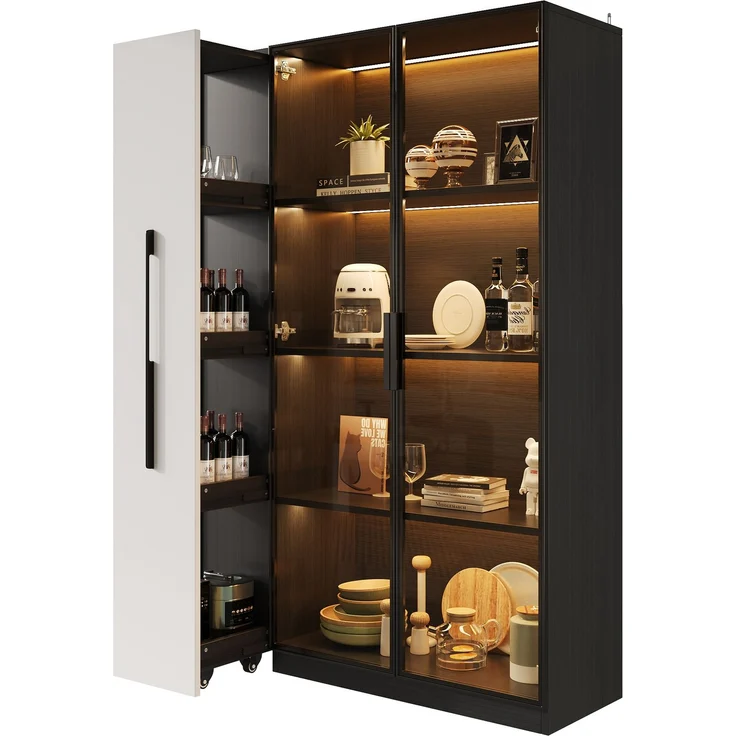 ZUBALIYA LED-Glasvitrine, integrierte LED-Beleuchtung, Türen aus gehärtetem Glas, ausziehbarer Seitenschrank auf Rollen, H 160 × B 110.5 × T 35 cm, Schwarz – Bild 9