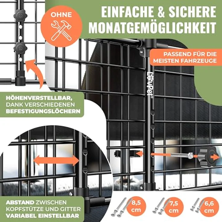 LovPet® Hundegitter Auto, Autoschutzgitter Trenngitter Universal, verstellbare Breite, Kopfstütze Kofferraum Autogitter Maße HxB 30 x 91-153 cm Kofferraumgitter,+ 2x Sicherheitsgurt für Hunde Schwarz – Bild 4