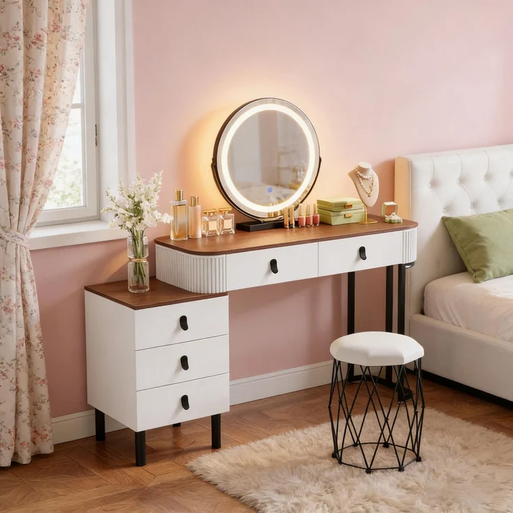 EINHOM Eleganter Umkleidetisch mit Make-up Hocker, Umkleidetisch mit Schublade, Bürotisch(nur mit Make-up-Tisch und Make-up Hocker) – Bild 1