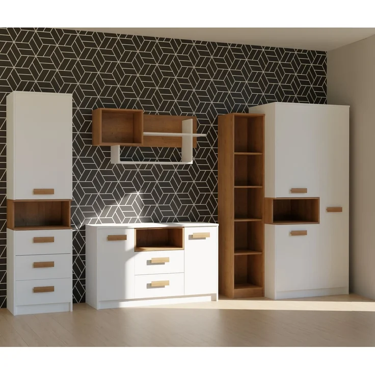Marmex Möbel Grant 06 Standregal mit Türen geschlossen und Schubladen, laminierte Spanplatte, weiß+riviera Eiche, 52x195x40 cm – Bild 5