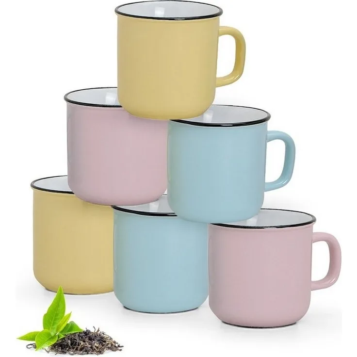 matches21 HOME & HOBBY Tasse Kaffeebecher 6er Set Emaille-Optik einfarbig Pastellfarben, Keramik, Tee Kaffee-Becher, modern Vintage, rosa gelb blau, 300 ml