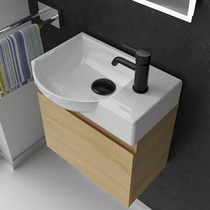 Alpenberger Badmöbel-Set - Gäste WC Waschbecken mit Unterschrank 45 cm Breit, (Badschrank 2-tlg, Waschtisch hängend), Waschbeckenunterschrank mit Softclose - Eiche Hell - Links Becken – Bild 4