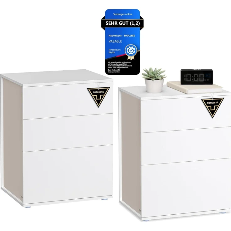 VASAGLE Nachttisch, 2er Set, Beistelltisch 3 Schubladen, Superschnelle werkzeuglose Montage, Nachtschrank, Schlafzimmer, Wohnzimmer, Toolless-Technologie, mattweiß-cappuccinobeige LET779W01