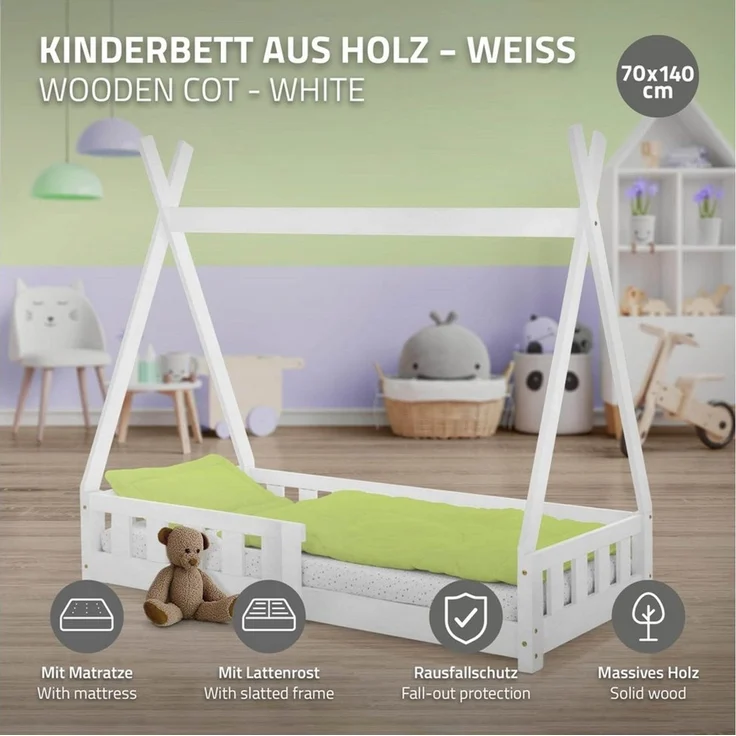 ML-DESIGN Spielbett Hausbett Tipi Zeltbett inkl. Lattenrost Bodenbett Kinder Himmelbett, Abenteuerbett mit Rausfallschutz Zelt Bett Kiefer Weiß Kinderhaus – Bild 2