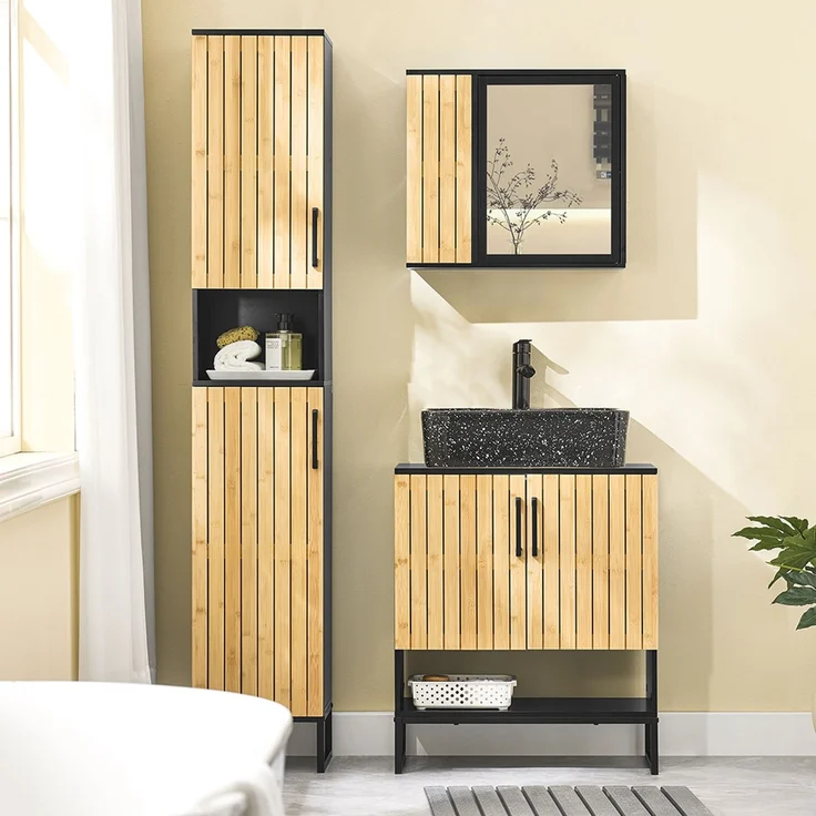 SoBuy BZR202-SCH Waschbeckenunterschrank, MDF, Lackiert, Bambus, 60 x 70 x 30 cm – Bild 4