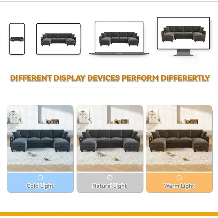 Chenille-U-Sofa mit 2 Stauraum-Chaiselongues, USB und USB-C, gepolsterte modulare Wohnlandschaft 279 cm mit Taschenfederkern, Grau – Bild 14