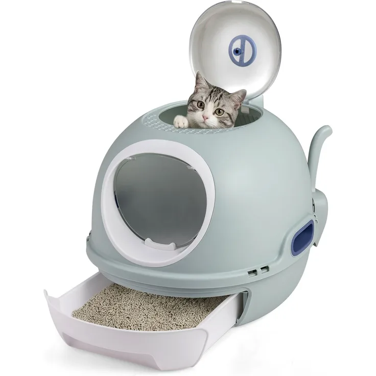 Katzenklo mit Deckel & Ausziehbarem Tablett & Schaufel & Frontöffnung Katzentoilette Blau SH639