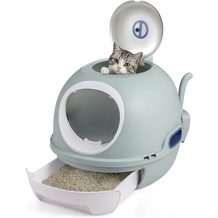 Katzenklo mit Deckel & Ausziehbarem Tablett & Schaufel & Frontöffnung Katzentoilette Blau SH639 – Bild 1