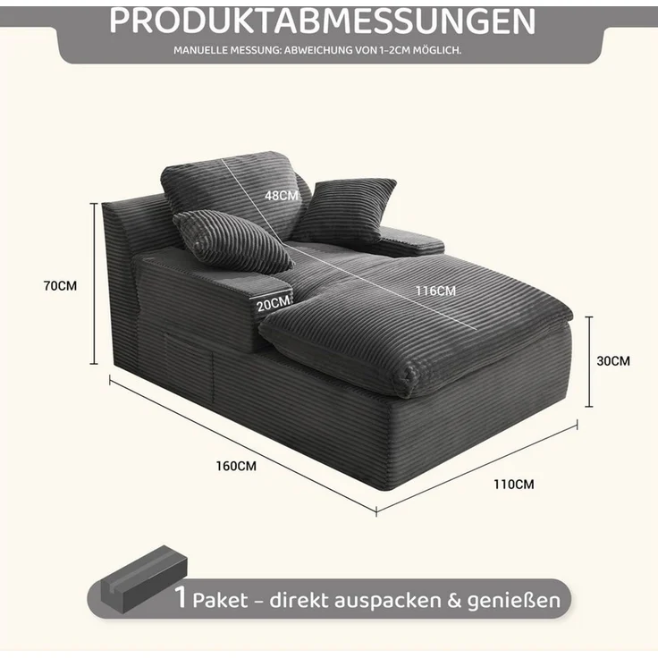 LITBIRD Chaiselongue 160 cm Loungesofa, Boneless Bodensofa & Schlafsofa mit Schlaffunktion, 1 Teile, Platzsparendes Cloud Sofa mit Armlehnen für Wohnzimmer – Bild 2