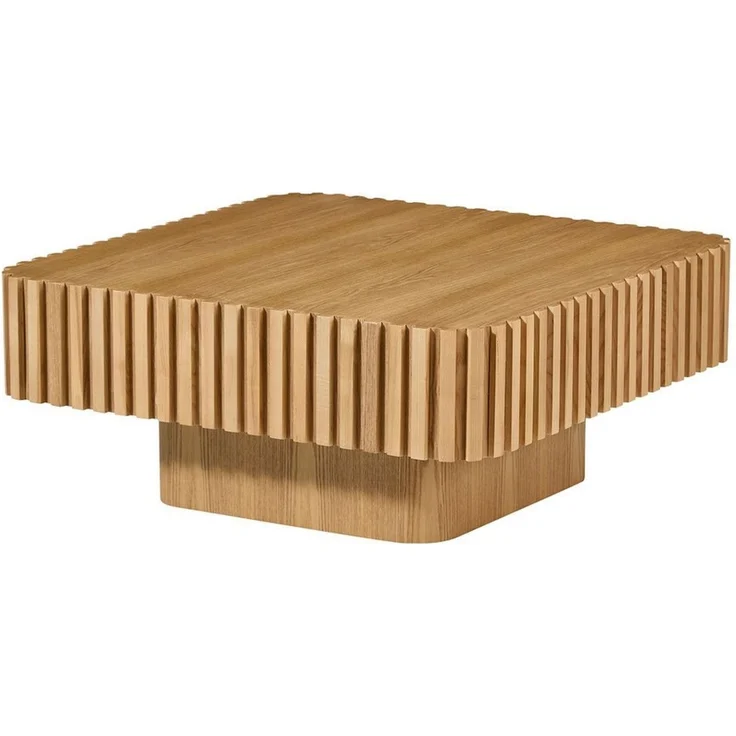 Square Fluted Coffee Table, Modern Ribbed Center Table with Solid Wood Stripe Accent, MDF with Wood Veneer Construction, Contemporary Accent Table for Living Room, Bedroom, and Office (Natural Color) – Bild 2