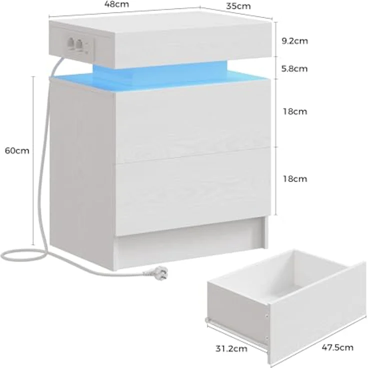 IRONCK Nachttisch Weiß mit LED-Licht & Ladefunktion, Beistelltisch mit USB+Typ-C Anschlussen, Nachtschrank mit 2 Schubladen, Sofatisch für Schlafzimmer, Wohnzimmer, 35 x 48 x 60 cm – Bild 4