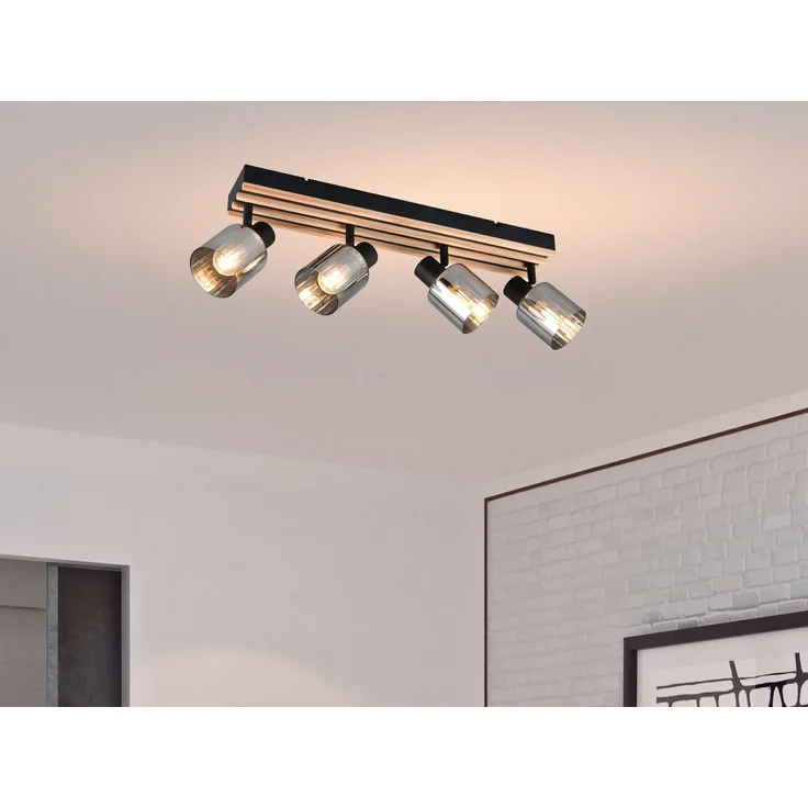 Deckenstrahler TRAVIA 4-flammig, Rauchglas Schwarz & Holzlamellen, Breite 64,5cm – Bild 1