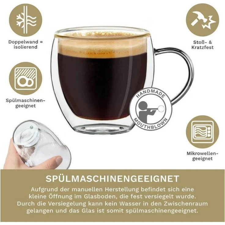 Creano Teeglas Thermoglas Espressoglas hoch mit Henkel 2er Set, 100ml, Borosilikatglas, 2 Gläser – Bild 2