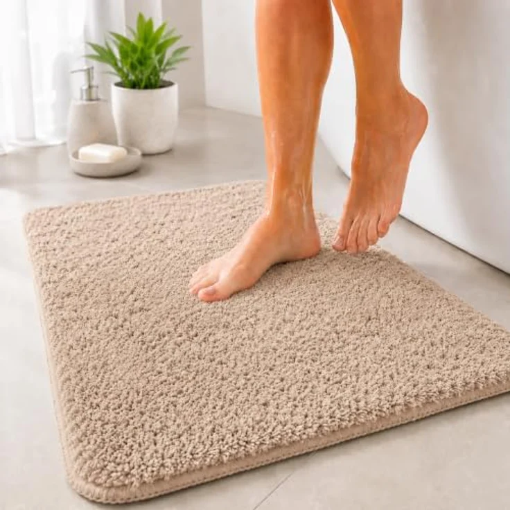 Floordirekt Badematte Sky, Hochflor Badezimmerteppich, rutschhemmend & schnell trocknend, beige, 50 x 80 cm, geeignet für Fußbodenheizung, eckig & rund – Bild 1