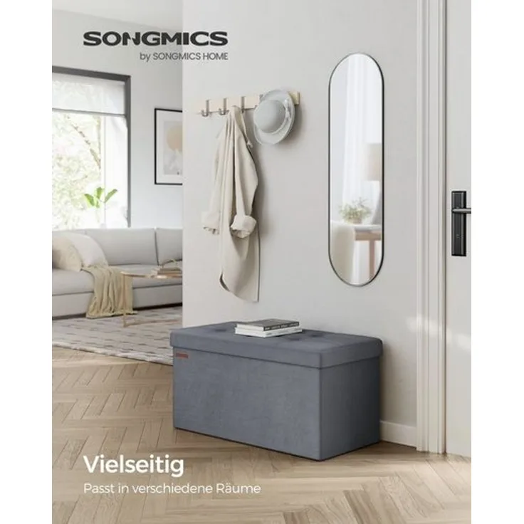 Songmics Storage Ottoman, Foldable Velvet Storage Bench, 2 Extra Storage Boxes, 15 x 30 x 15 Inches, 660 lb Load Capacity, for Entryway, Living Room, Bedroom, Slate Gray LSFDE247G01