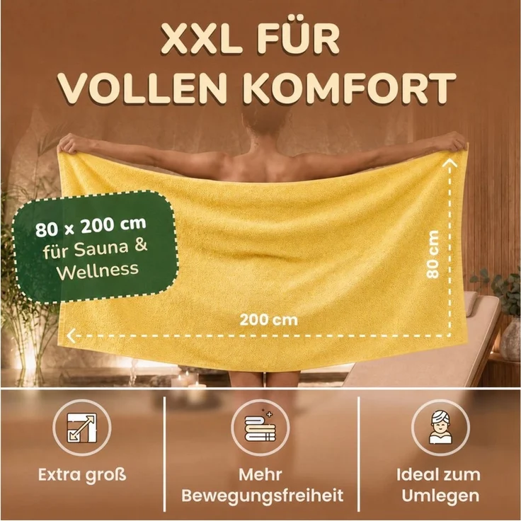 leevitex® Saunatuch, 80x200 cm, 100% Baumwolle, saugstark und fusselfrei, Frottee (Set, 2-St), OEKO-TEX® STANDARD 100 zertifiziert, gestreifte Bordüre – Bild 3