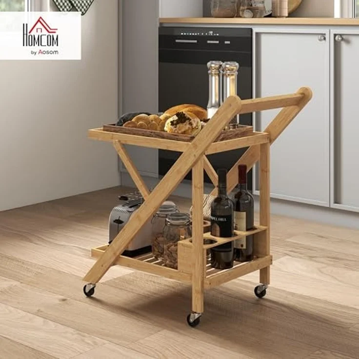 HOMCOM Servierwagen Küchenwagen mit Weinregal, Arbeitsplatte, 2 Ebenen, (Rollwagen, 1 St, Küchenwagen), für Büro, Küche, Wohnzimmer, 66 x 40 x 70 cm, Bambus, Natur – Bild 2