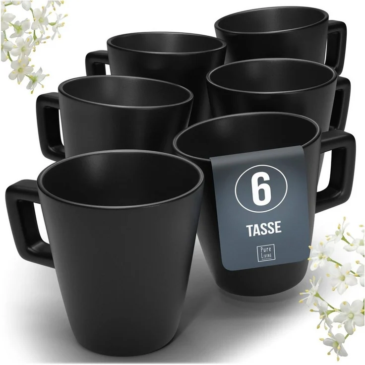 PURE LIVING INTERIOR DESIGN Geschirr-Set Manhattan Becher, 6er-Set, 290 ml, Schwarz, Steingut (1-tlg), 6 Personen, Steingut, Spülmaschinenfest, mikrowellengeeignet, für Heißgetränke geeignet – Bild 1