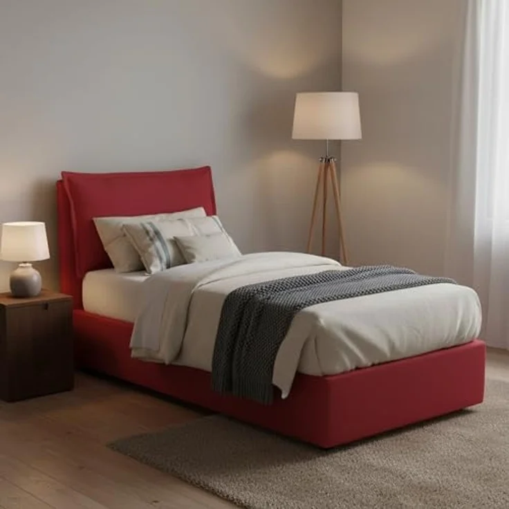 Talamo Italia - Roberta Einzelbett, Bettkasten mit Stoffbezug, 100 % Made in Italy, seitliche Öffnung, inklusive Matratze 80x190 cm, Rot – Bild 1