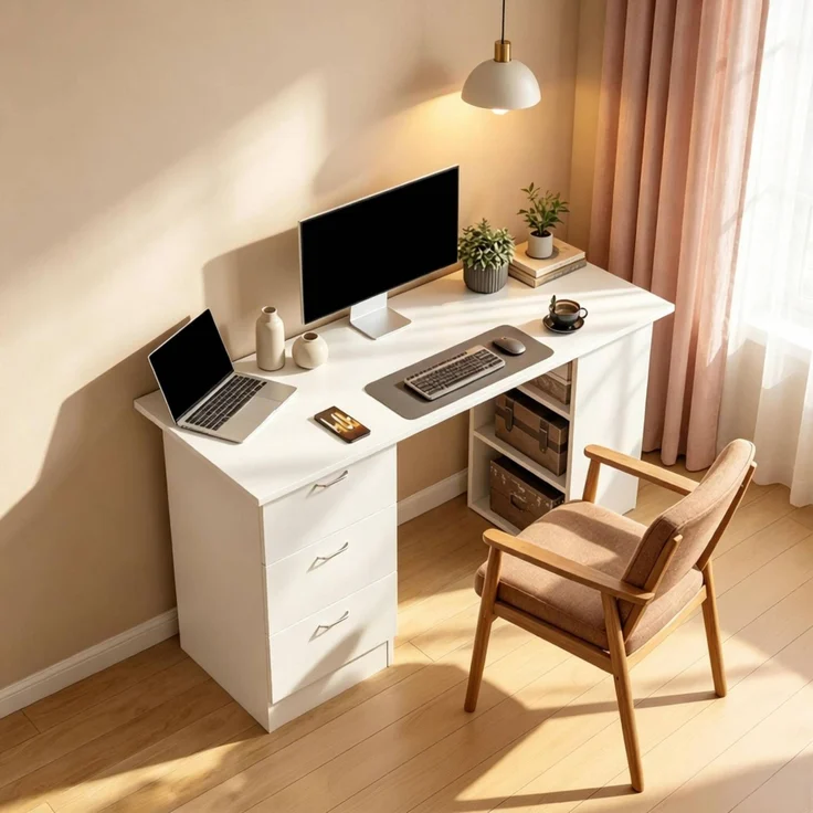 Schreibtisch aus MDF mit 3 Schubladen und 3 Regalen, 120x49x72 cm, Weiß – Bild 2