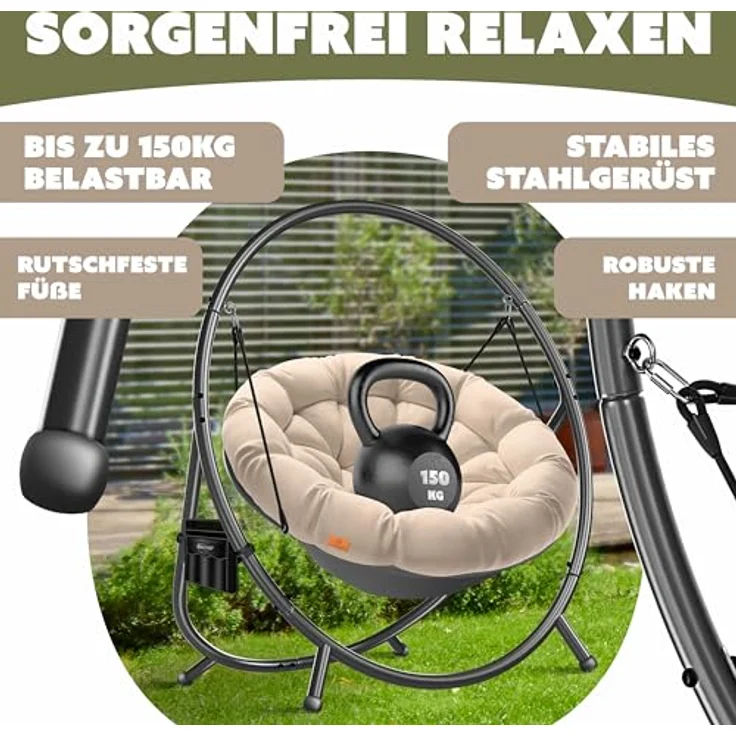 KESSER® Hängesessel mit Gestell BALI Hängeschaukel Hängestuhl bis 150kg für Indoor und Outdoor + Kissen & Seitentasche Hängekorb Stahlgestell & Schaumstoff Sitzpolster ideal für Wohnzimmer & Garten Beige – Bild 7