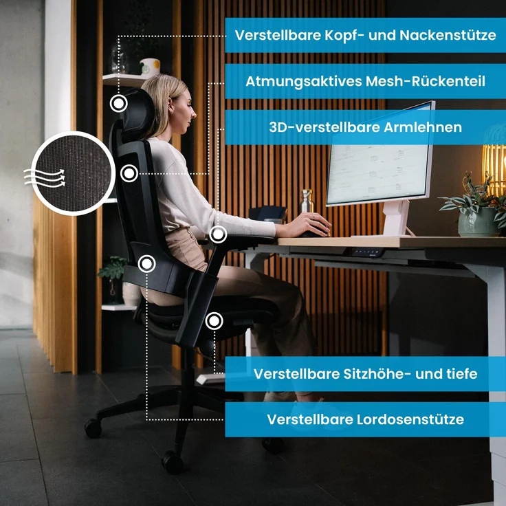 Ergotopia 'NextBack' ergonomischer Bürostuhl mit integrierter Lordosenstütze, Drehstuhl mit 3D Armlehnen & verstellbarer Kopfstütze, Schwarz – Bild 5