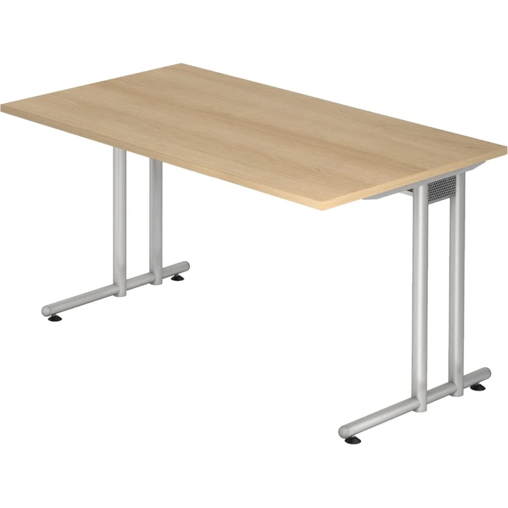 bümö Schreibtisch N-Serie 140x80 cm, Tischplatte aus Holz in Eiche, Gestell aus Metall in Silber - PC Tisch, Computertisch für's Büro, Office Bürotisch, NS-14-E-S – Bild 1