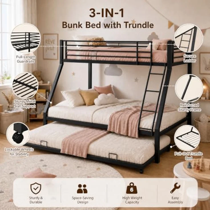 FAVSH Etagenbett 140x200 cm mit Ausziehbett 90x190cm aus Metall, Hochbett mit Rausfallschutz und Leiter, Geräuscharmes Doppelbett, rutschfest, für Jugendliche und Erwachsene, Schwarz E – Bild 5