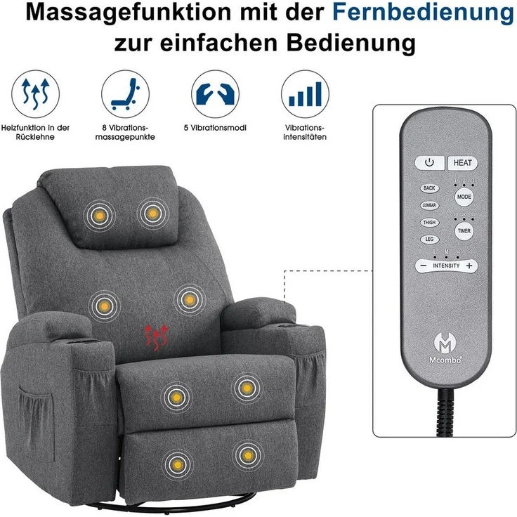 MCombo Relaxsessel MCombo manuell Massagesessel TV-Sessel Relaxsessel 7020, manuell, mit Heizung, 360° drehbar und schwenkbar, 100 × 92 × 109 cm – Bild 3