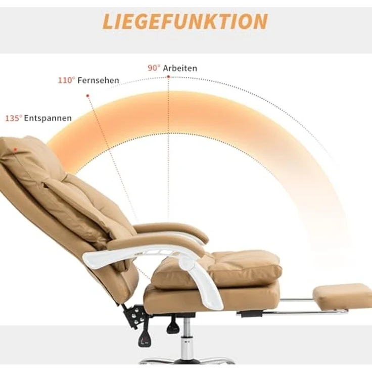 HOMCOM Bürostuhl Ergonomischer Schreibtischstuhl mit Lendenwirbelstütze, Klappbar Armlehne, Fußstütze, Höhenverstellbarer Drehstuhl mit Liegefunktion, Kunstleder, Gepolstert Computerstuhl, Hellbraun – Bild 5