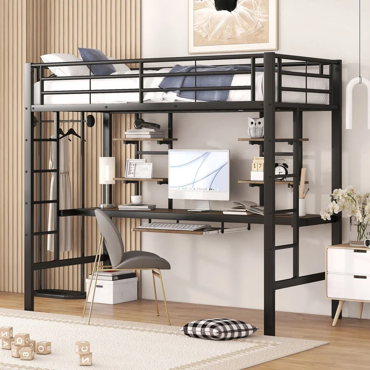 EINHOM Bettgestell Metallbett, Eisenbett, Hochbett mit Schreibtisch und Zwei Bücherregalen für Kinder, Jugendliche und Erwachsene, 90 x 200 cm, Schwarz, (Ohne Matratze) – Bild 1