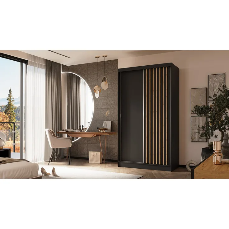 Beautysofa Kleiderschrank Moderner stilvoller eleganter Kleiderschrank mit Schiebetür HELIOS (Vordertür mit Lamellen) B:120/150/160/180/200/240/H:216/T:61cm