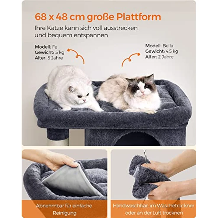 Feandrea Kratzbaum, 101 cm Katzenbaum, XL, Katzenhaus für extra große Katzen bis zu 20 kg, große Plattform, 2 Katzenhöhlen, Sisalstämme, rauchgrau PCT614G01 – Bild 4