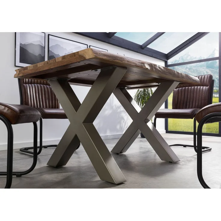 Baumtisch Sheesham 160x90x77 natur sandgestrahlt / X-Beine silber matt FREEFORM 5 – Bild 3