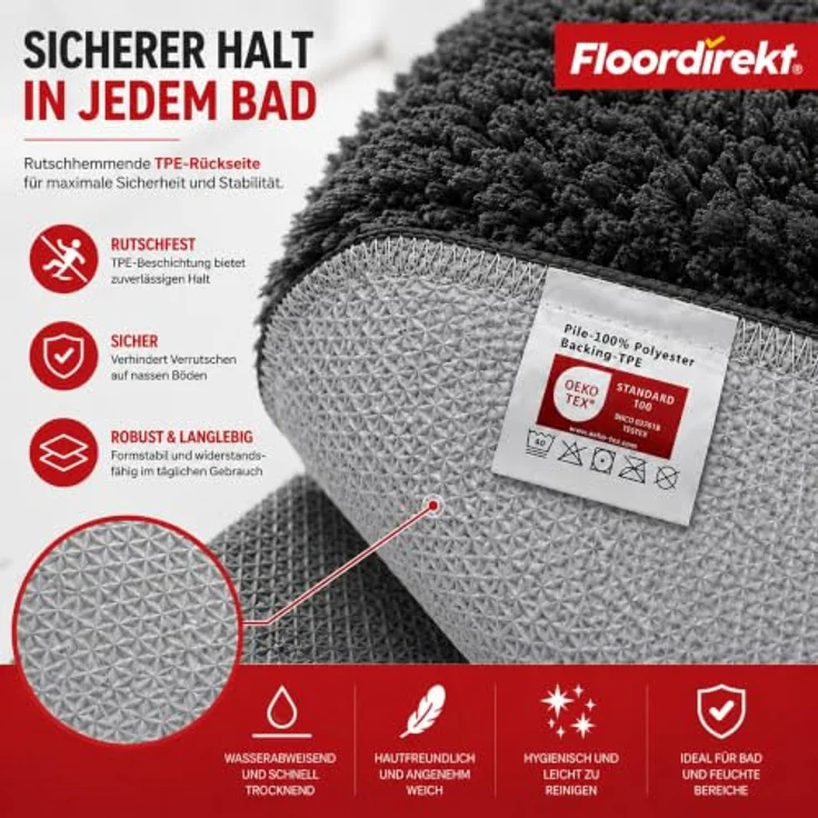 Floordirekt Badematte Sky, Hochflor Badezimmerteppich, rutschhemmend und schnell trocknend, geeignet für Fußbodenheizung, dunkelgrau, eckig und rund (50 x 60 cm) – Bild 5