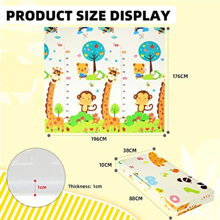 Krabbelmatte Spielmatte Baby Schadstofffrei 198 x 178 x 1 cm Faltbar Spielunterlage Spielteppich Groß Rutschfest Beidseitig Tragbar Wasserdicht für Innen Außen Bunt - Zahlen & Tiere - 5A – Bild 5