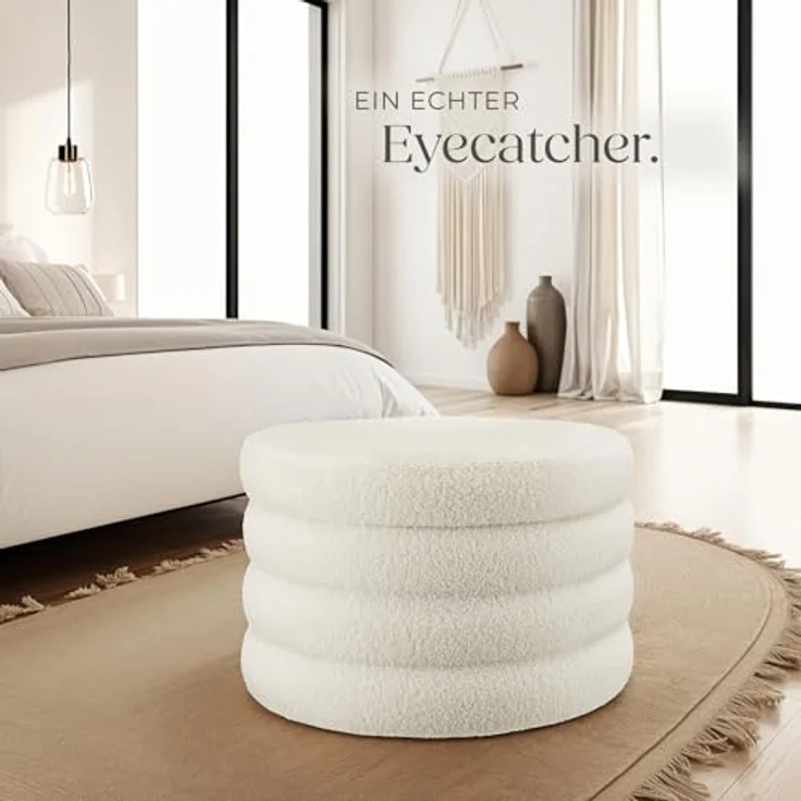 tectake® Hocker mit Stauraum, XL Scandi Sitzhocker Bouclé Teddy Stoff, Pouf, Polsterhocker rund für Schminktisch, Schlafzimmer, Wohnzimmer Möbel, als Flur Möbel, Stauhocker Wohnen - Bouclé Creme-weiß – Bild 9