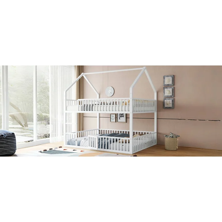 Kinder-Etagenbett 140*200, Metall-Doppelbett, Kinder-Familienbett, Etagenbett mit Treppe, Loft-Design, Unteres Bett mit kleiner Tür zum Öffnen und Schließen, Weiß – Bild 6