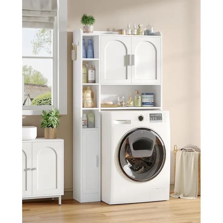 Waschmaschinenschrank mit 3 Türen, Verstellbare Ablagen, Waschmaschinenregal mit 5 offenen Fächern, für Badezimmer, Toilette und Waschküche, 24 x 82 x 170 cm, Weiß