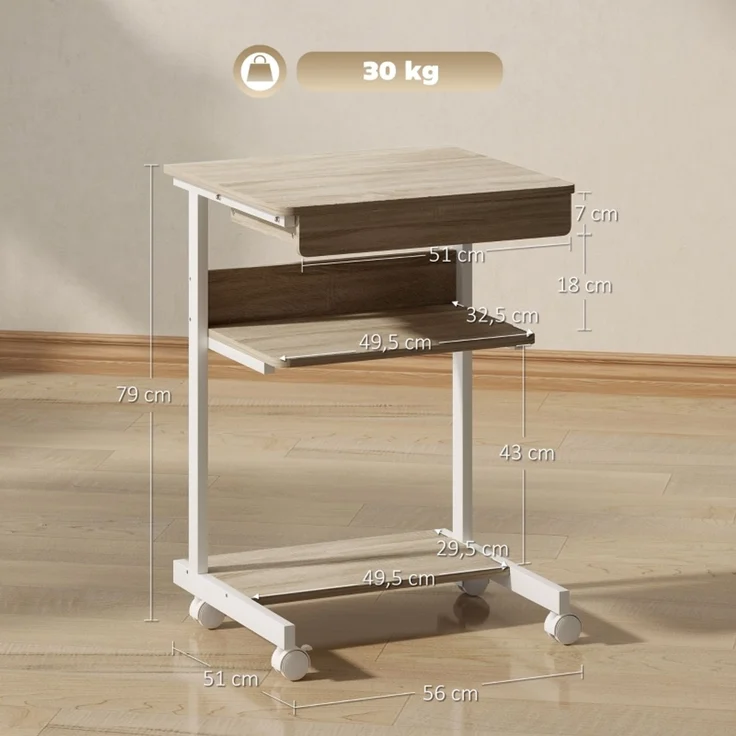 Roll-Schreibtisch mit Schublade und Regalen, 4 Räder, kompakt, Spanplatte, Metall--Eiche--56x51x79cm--YOUDENOVA – Bild 3