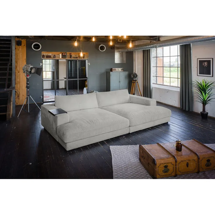 KAWOLA Big Sofa MADELINE mit Holztablett schwarz für Armlehne Cord hellgrau 85 x 170 x 290 cm