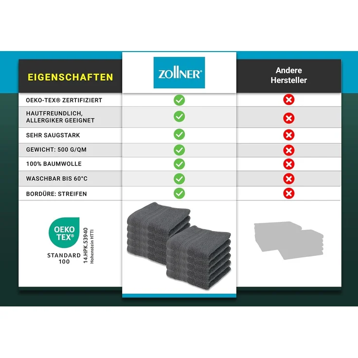 ZOLLNER 10er Set Seiftücher 30x30 cm Baumwolle 500 g/qm grau – Bild 6